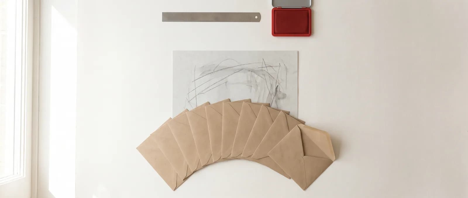 A single sheet of drafting paper above twelve identical blank kraft envelopes fanned in an arc, one of them open.