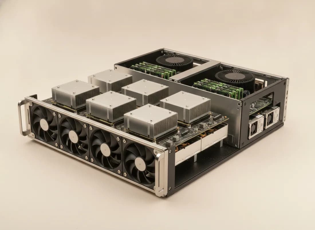 An open eight-accelerator AI server chassis showing the front fan wall, the eight-module baseboard behind it and the rear CPU compartment.