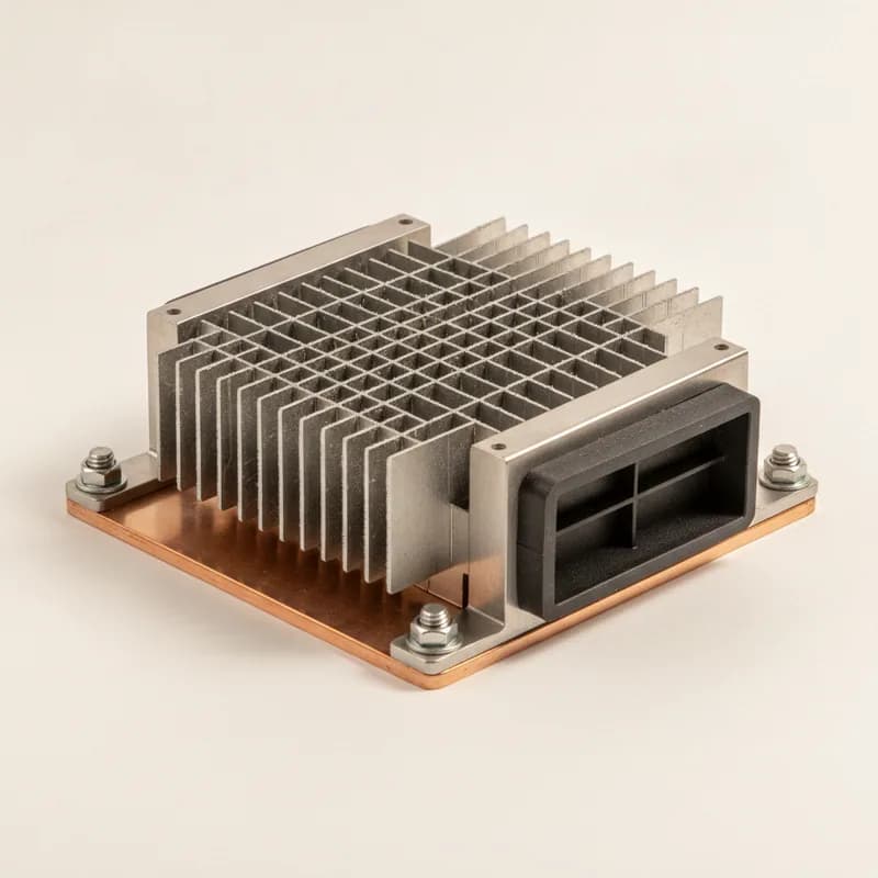 A passive 2U server heatsink with a copper vapour-chamber base, dense skived fin stack and a plastic air duct clipped to one side.