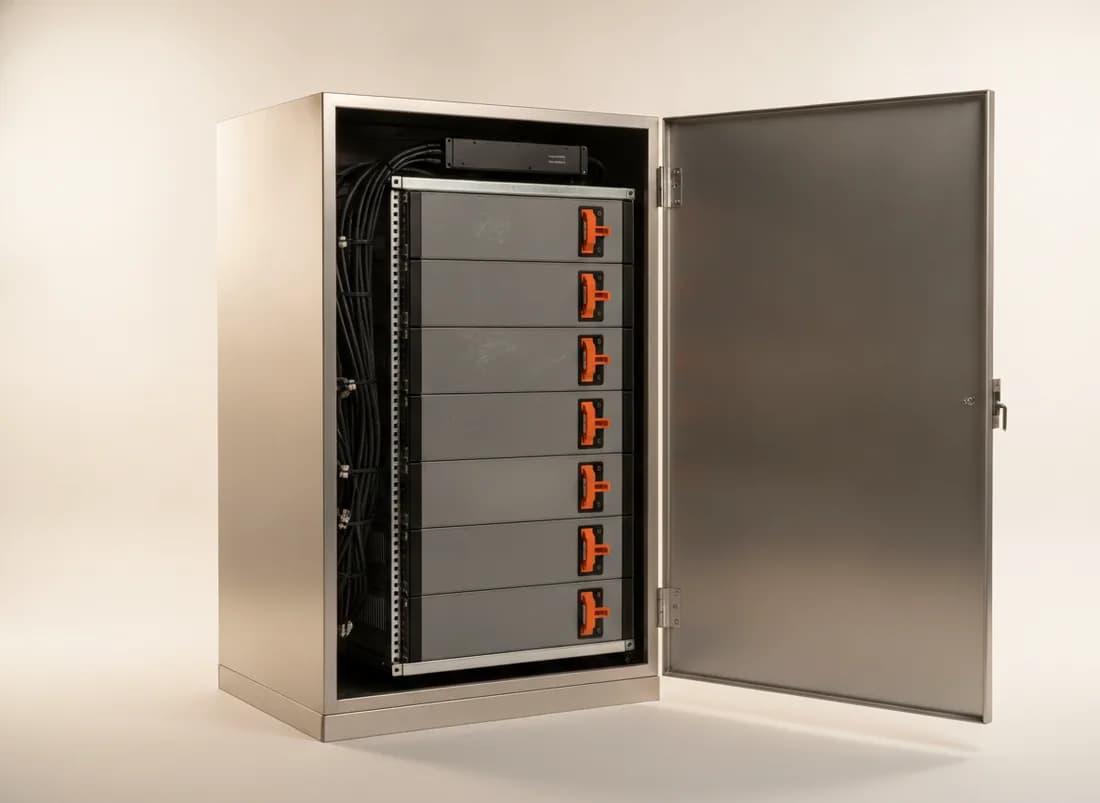 An open lithium battery cabinet with five rack-mount modules, orange high-voltage connectors and a management controller.