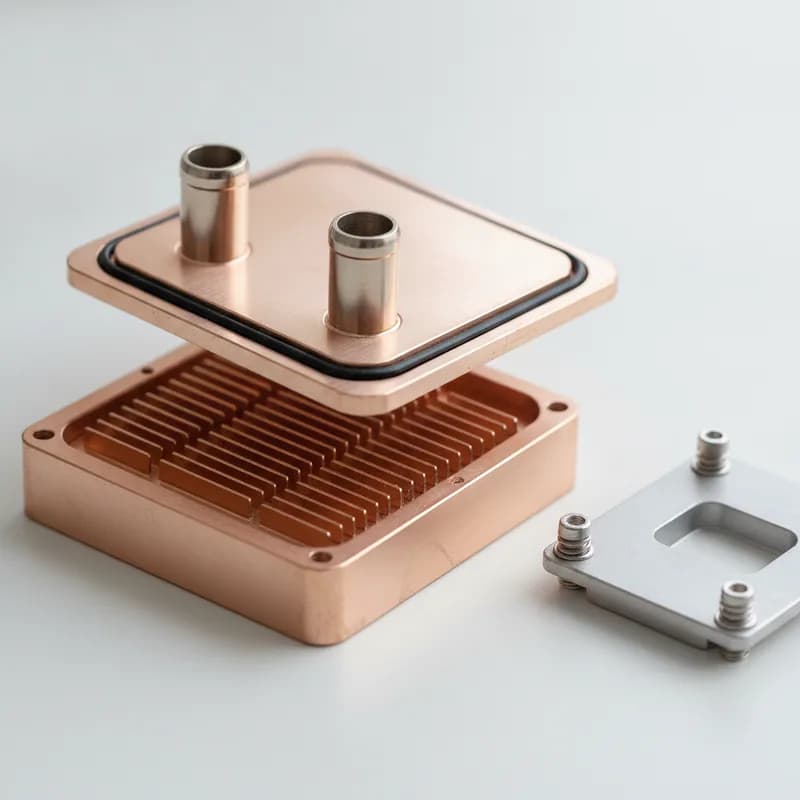 An opened copper microchannel cold plate showing its skived fin field, port pair and perimeter gasket.