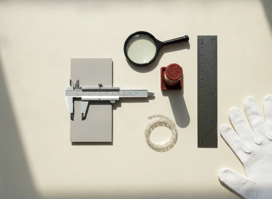 An overhead flat-lay of inspection-bench tools — a vernier caliper on a grey card, a steel rule, a bench magnifier, a seal stone and ink pad, tamper-evident seals and cotton gloves.