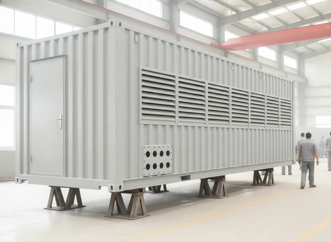 A completed 40 foot containerised data centre on trestles in a factory hall, with a personnel door and louvred side grilles.