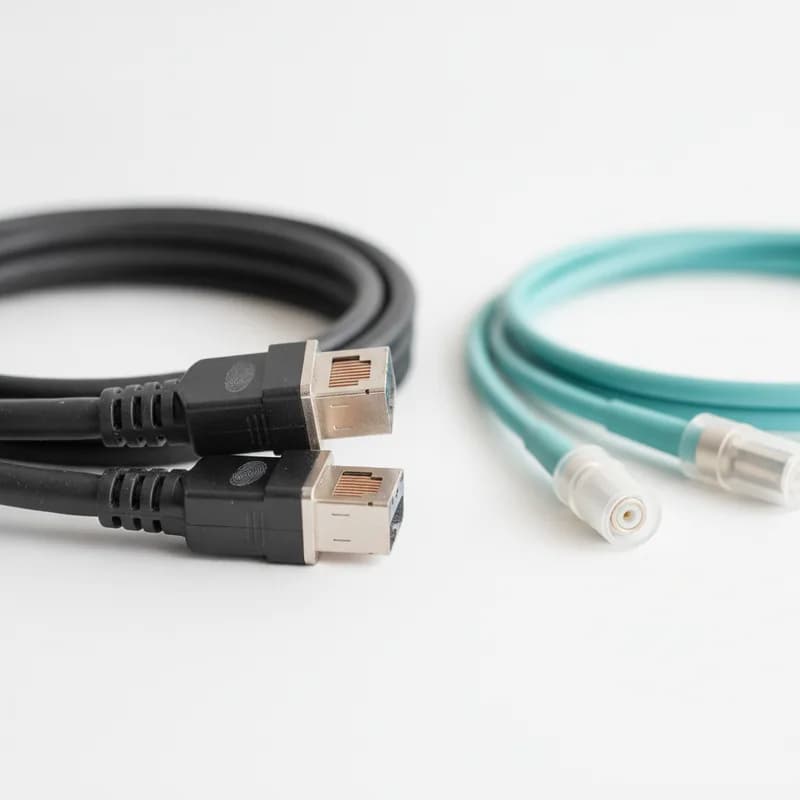A coiled black direct-attach copper cable with moulded transceiver ends beside a thinner aqua active optical cable.