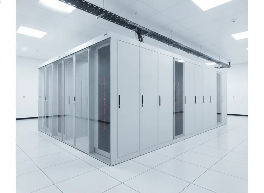 A micro-module pod of two cabinet rows with an enclosed aisle, in-row coolers and overhead busway and fibre trough.