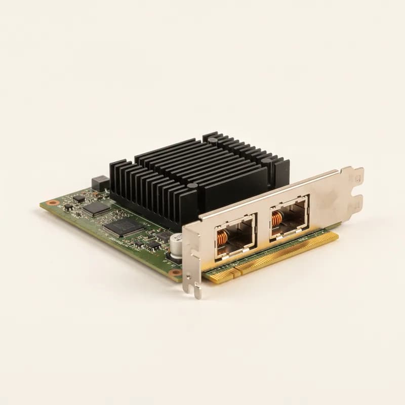 A dual-port network adapter card with its controller under a finned heatsink and gold edge fingers along the bottom.