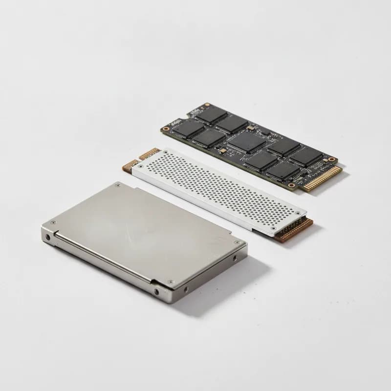 Three enterprise SSDs — a 2.5 inch drive, a ruler-format drive with a perforated heat spreader and a bare M.2 module.