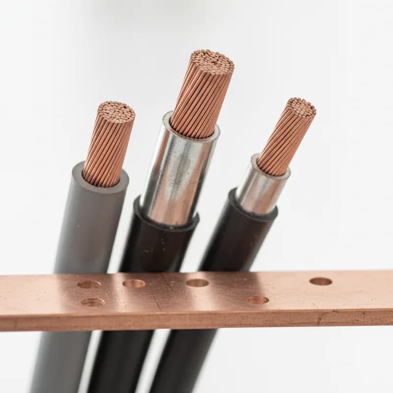 Cut ends of heavy copper power cables with a crimped compression lug and a drilled copper earth bar beneath.