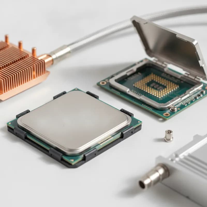 A server processor in its carrier frame lying beside an open land-grid socket with its gold contact array exposed.