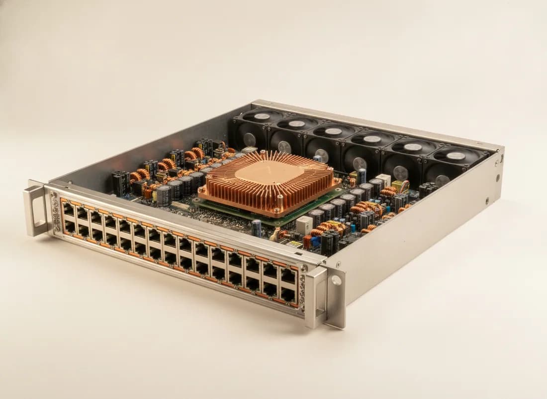 An open 2U spine switch showing thirty-two large cage ports and a switch chip under a machined copper vapour-chamber heatsink.