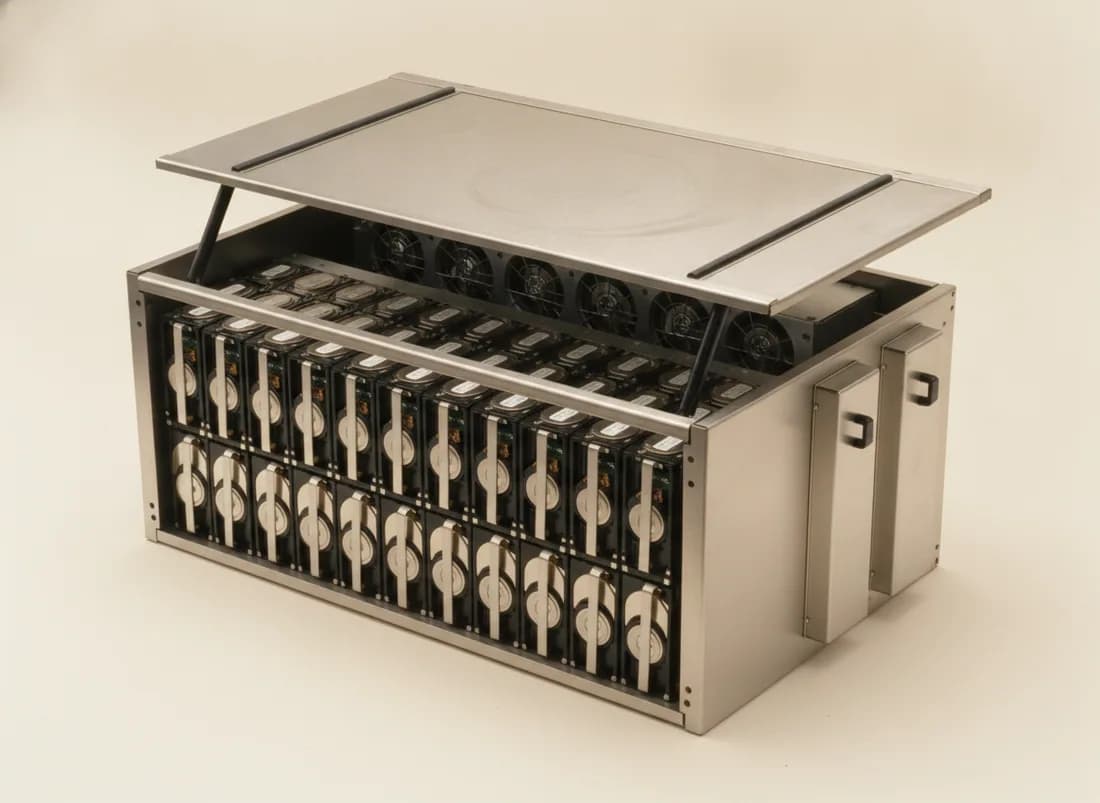 A 4U top-load JBOD with its lid slid back, showing sixty drives standing on end in carriers above a mid-plane fan wall.