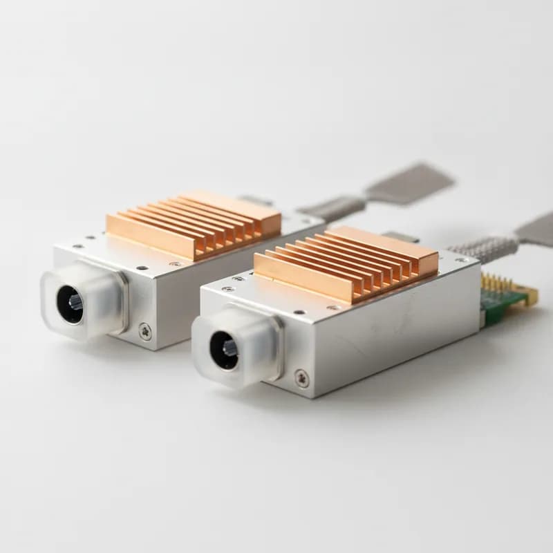 Two 800G OSFP optical transceivers with finned heat-spreader lids, fabric pull tabs and dust plugs in their ports.