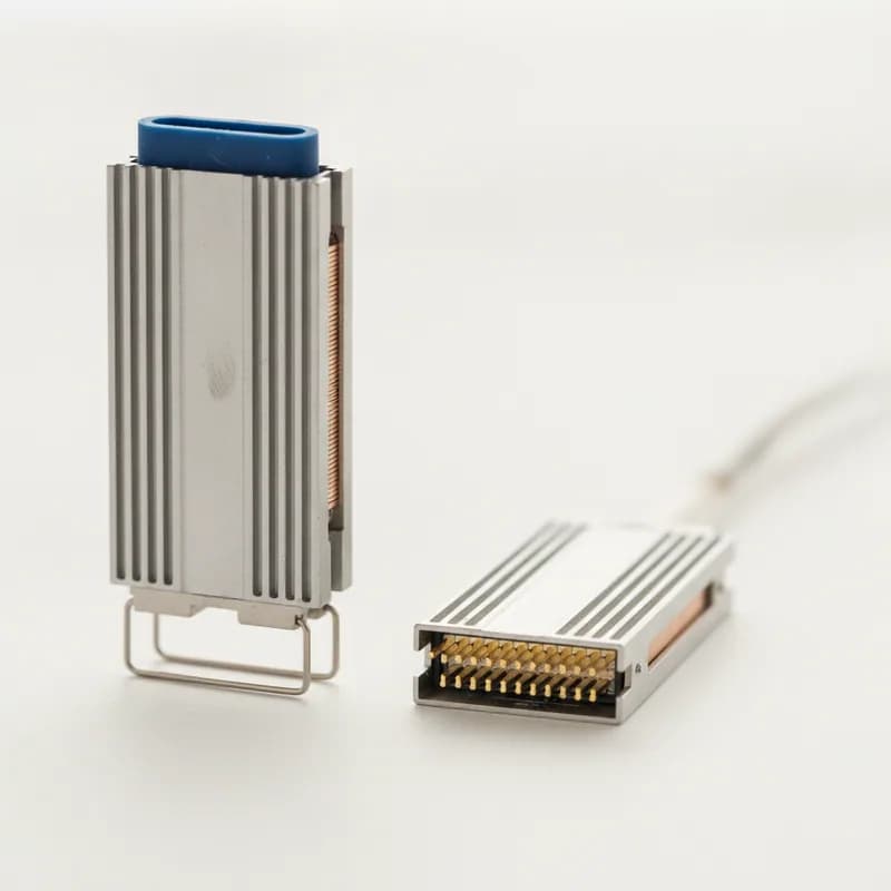Two 400G QSFP-DD optical transceivers, one upright and one flat showing its double row of gold contacts.