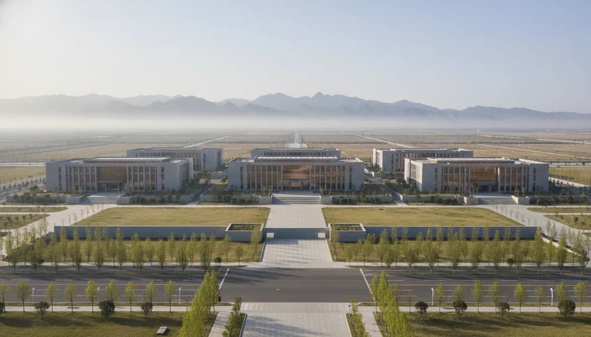 A northern research-and-manufacturing campus of grey stone and glass buildings on wide dry boulevards, distant mountains along the horizon. Regional context only — not a photograph of this supplier.
