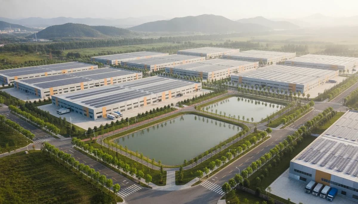 A modern Chinese industrial park of pale production halls with solar-panelled roofs on a grid of clean access roads, green hills behind. Regional context only — not a photograph of this supplier.