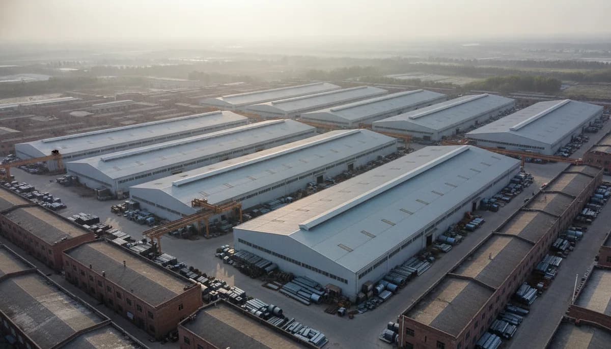 A sheet-metal and appliance manufacturing district of broad ventilated workshop halls with stockyards of steel coil and aluminium between them. Regional context only — not a photograph of this supplier.