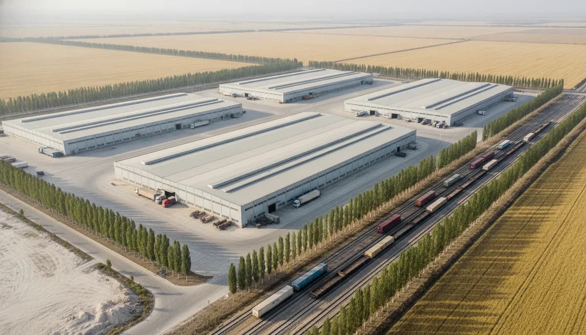 A central-plain manufacturing base of very large grey halls and dusty loading aprons, poplar windbreaks and wheat fields to a flat horizon. Regional context only — not a photograph of this supplier.