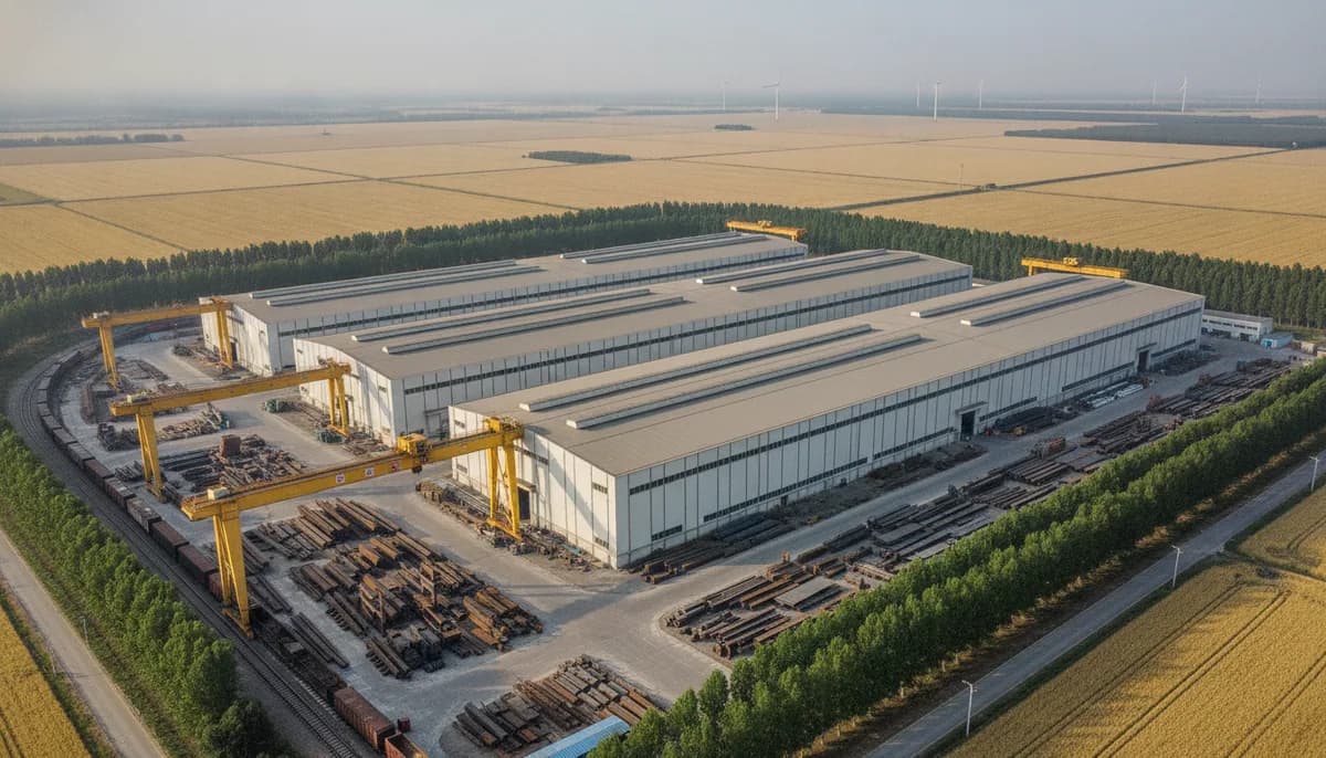 A heavy-equipment manufacturing base on the north China plain, huge fabrication halls and steel yards with wind turbines far across the fields. Regional context only — not a photograph of this supplier.