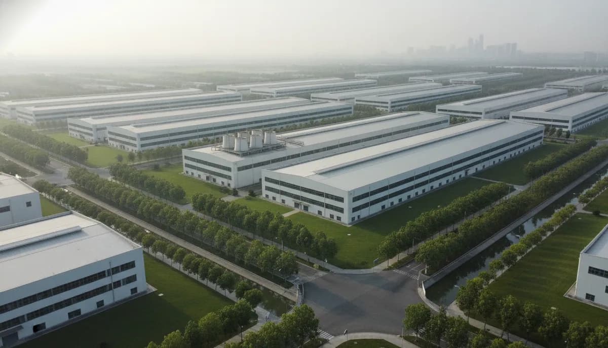 An orderly planned manufacturing zone on flat delta land, white plants along plane-tree boulevards with a hazy distant skyline behind. Regional context only — not a photograph of this supplier.