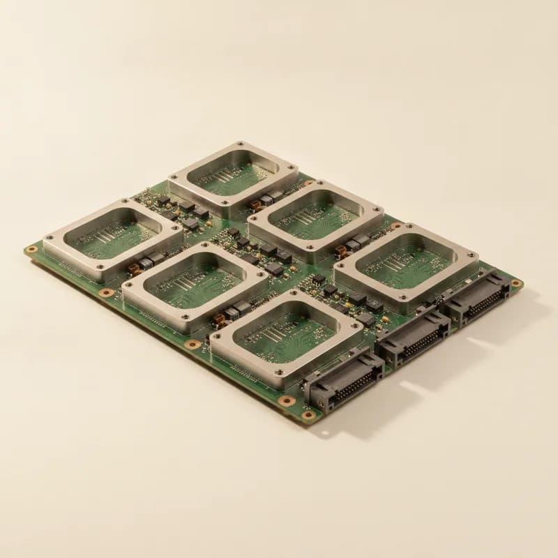 A bare eight-socket accelerator baseboard with every module socket empty, showing bolster plates, standoffs, power-stage inductors and unpopulated connector cages.