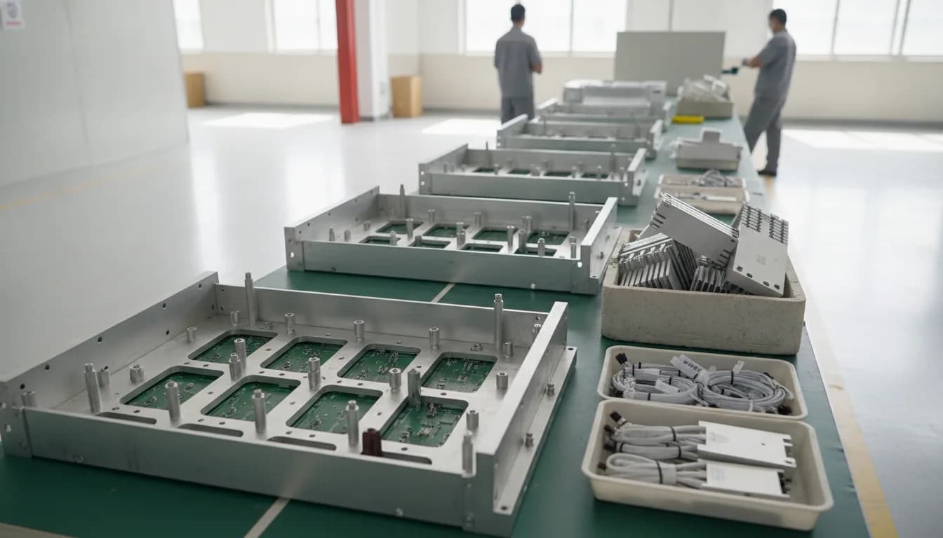An assembly bench line of open accelerator chassis with empty baseboard trays, unfitted heatsinks in foam totes and coiled power looms in parts trays.