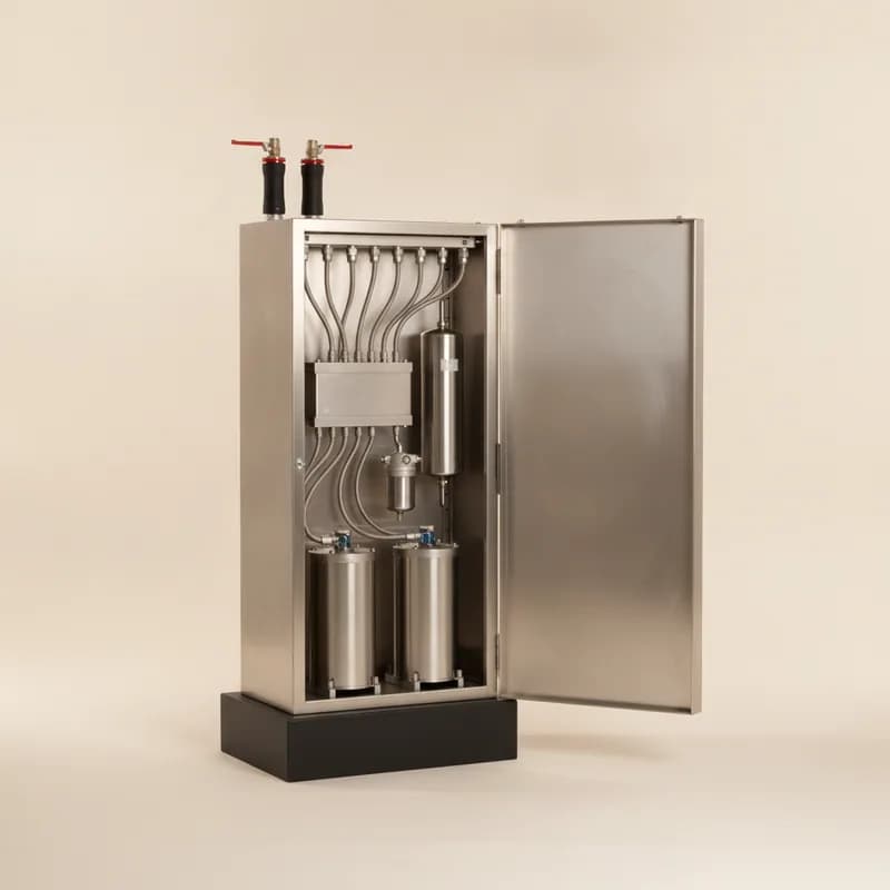 A rack-height in-row coolant distribution unit with its front door open, showing two vertical canned pumps, a brazed-plate heat exchanger, a filter housing and an upper manifold of braided stainless hose whips.
