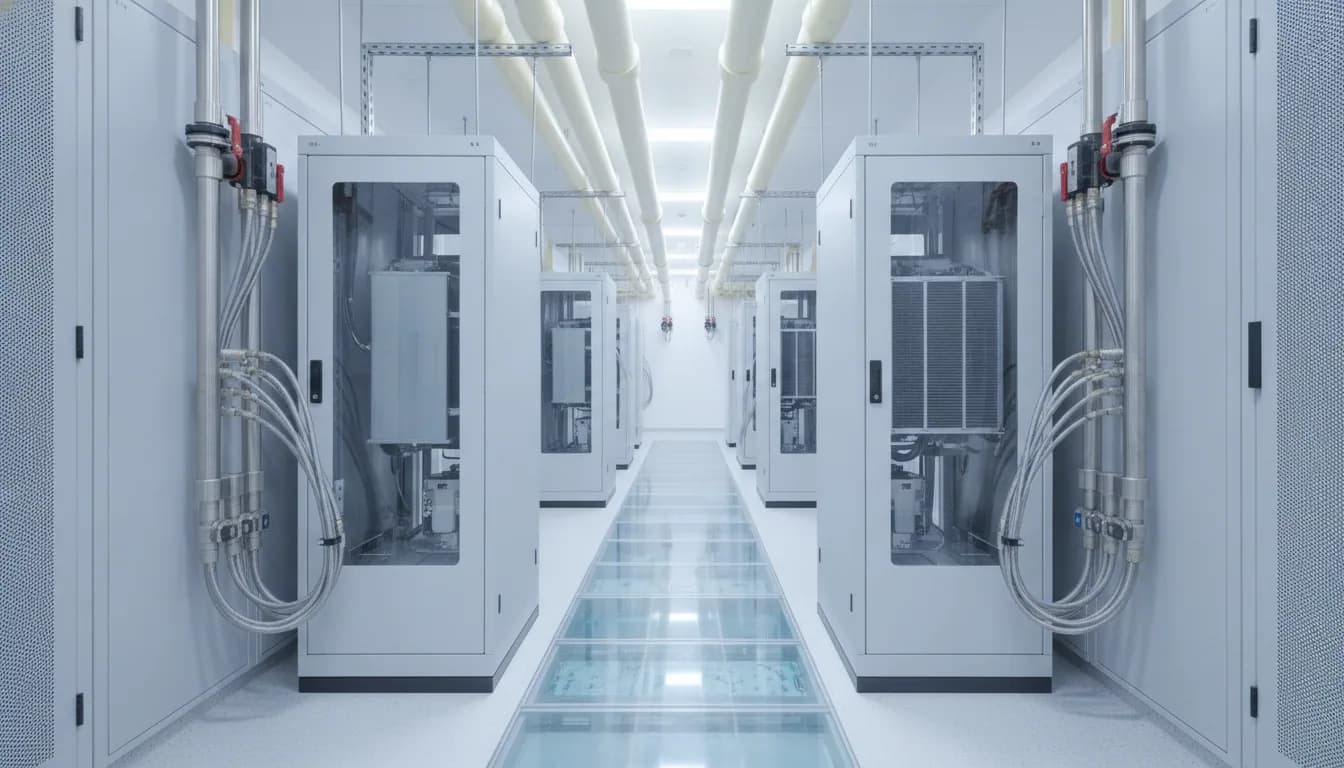 A liquid-cooled data hall aisle where rack rear manifolds and braided hose drops feed two in-row coolant distribution units beneath insulated overhead facility-water pipework.