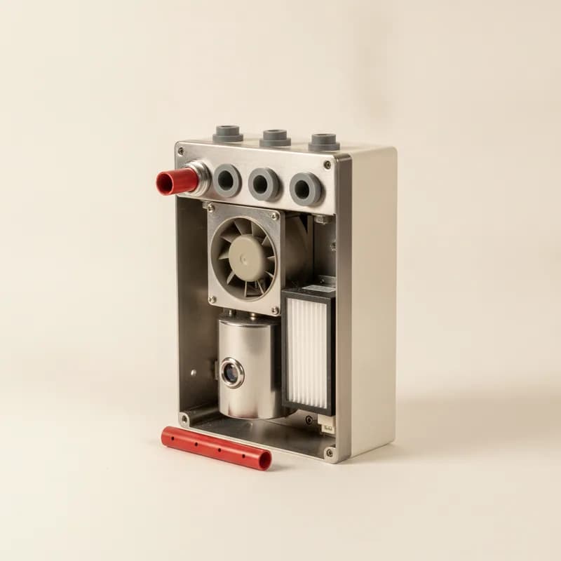 An aspirating smoke detector with its cover off, showing the aspirator fan, laser detection chamber and filter cartridge, with red sampling pipe entering the top.