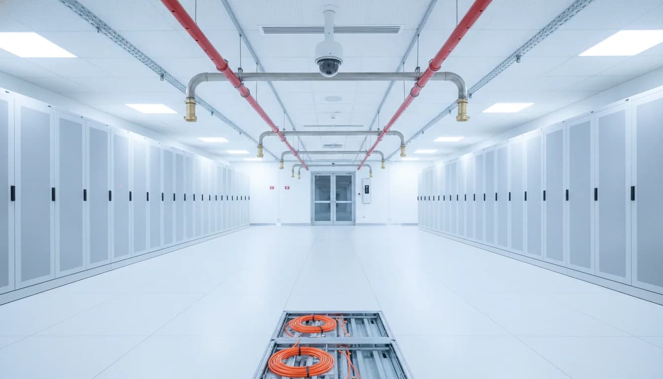 A data hall aisle seen along its ceiling, with red aspirating-detection sampling pipe, suppression pipework and brass discharge nozzles, and leak-detection rope visible under a lifted floor tile.