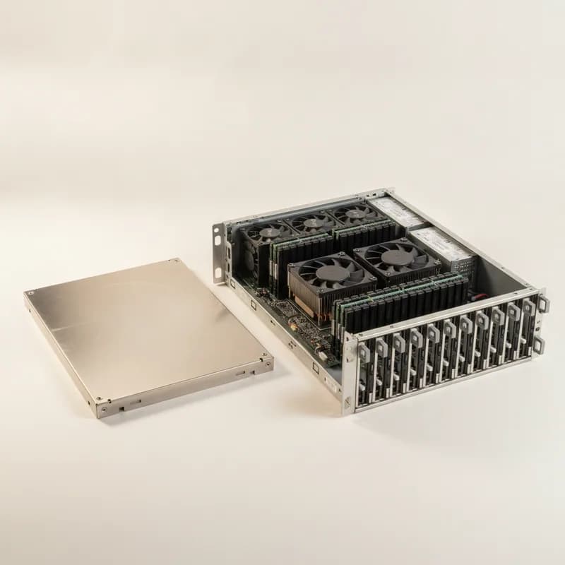 An open 2U rackmount server with its cover removed beside it, showing two heatsinked processors, banks of memory modules, a six-rotor fan wall and twelve front drive carriers.
