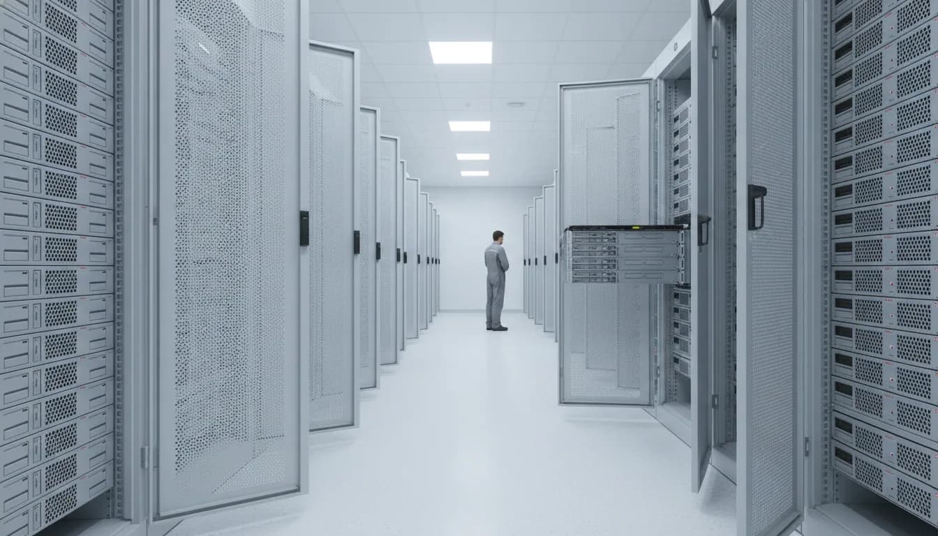 A cold aisle of open-fronted racks packed with 1U and 2U servers, one chassis drawn out on its rails with the cover open.