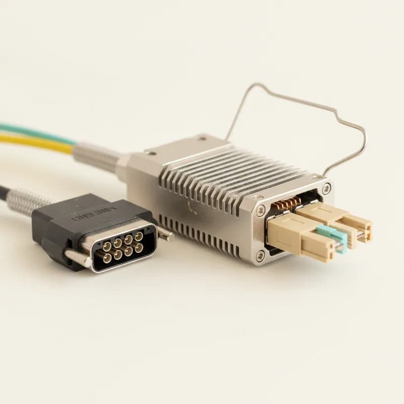 A macro view of a pluggable optical transceiver with its bail latch open beside an MPO connector showing its polished twelve-fibre ferrule and guide pins.