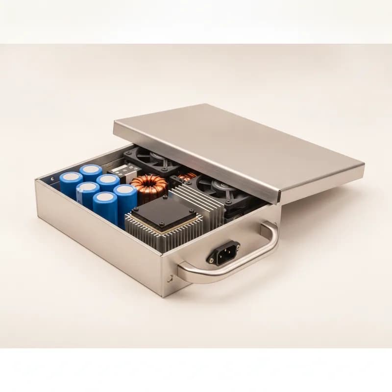 A hot-swappable UPS power module drawer with its cover removed, showing film capacitors, a toroidal choke, a heatsinked semiconductor bridge and rear fans.