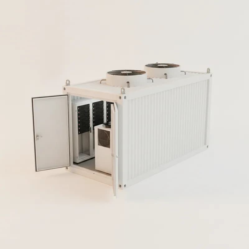A prefabricated all-in-one data-centre module with lifting lugs and a roof condenser bank, its end door open on an internal corridor of cabinets and an in-row cooler.