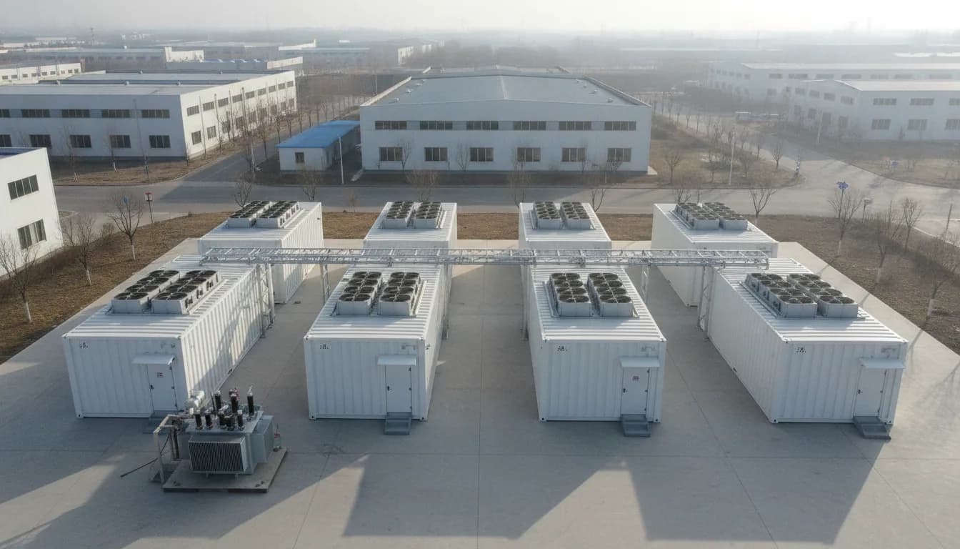 Six white containerised data-centre modules in two rows on a concrete pad, with roof-mounted V-frame dry coolers, a transformer skid and cable-ladder gantries between them.