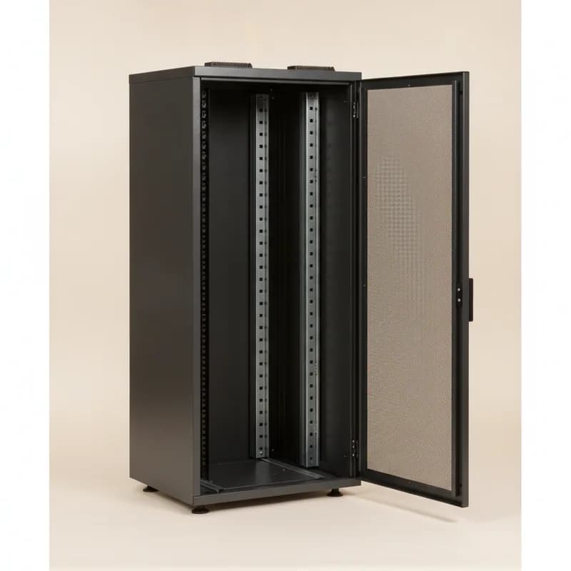 An empty 42U server cabinet with its perforated front door open, showing punched mounting rails, side cable-management fingers and roof brush grommets.