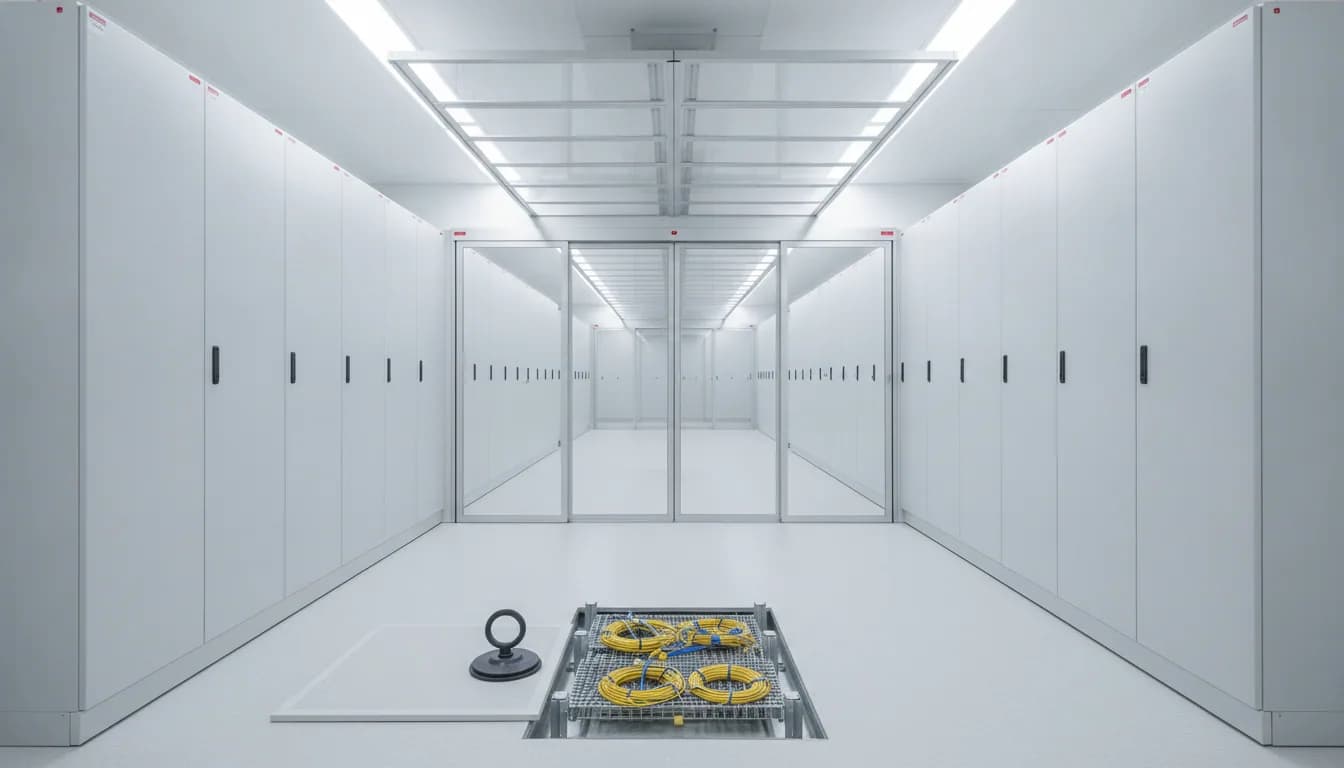 An empty cold-aisle containment between two rows of blanked-off cabinets, with polycarbonate end doors and a lifted raised-floor tile showing pedestals and wire-mesh tray.
