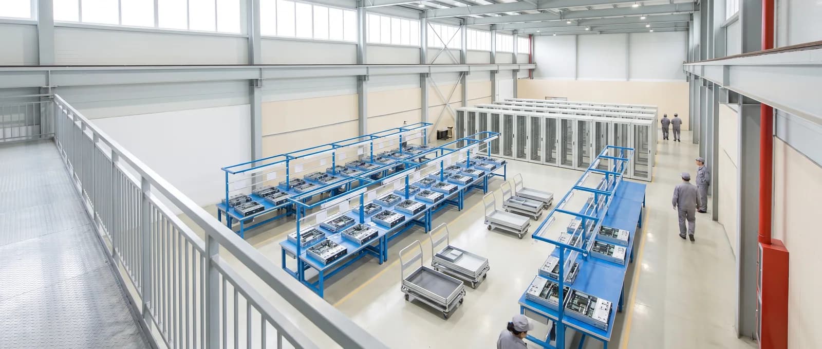 An elevated view down four parallel server assembly bays, with open chassis on benches and empty racks waiting at the far end.