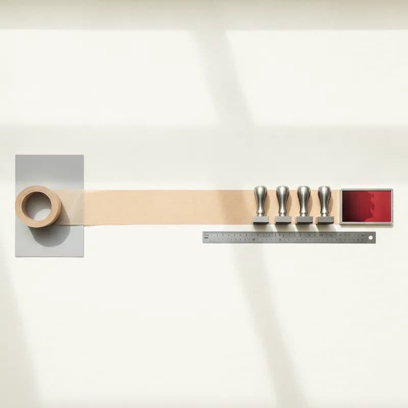 A long unbroken strip of blank paper tape unrolled straight across a flat-lay, with four steel hand stamps in a row and a red ink pad beside it.