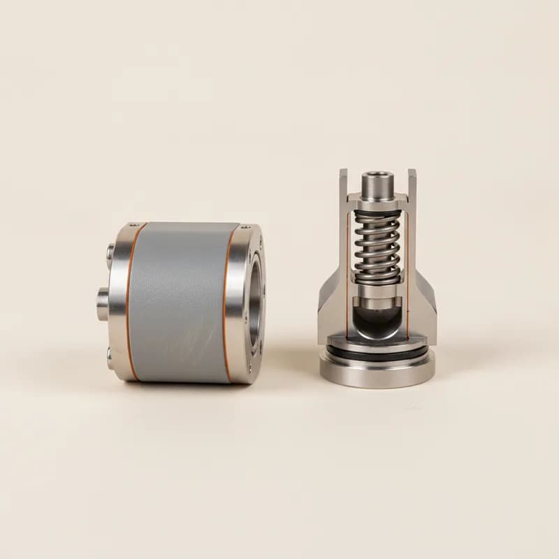 Two matching quick-disconnect couplings side by side, the right one cut lengthways to show the poppet, spring and seals inside.