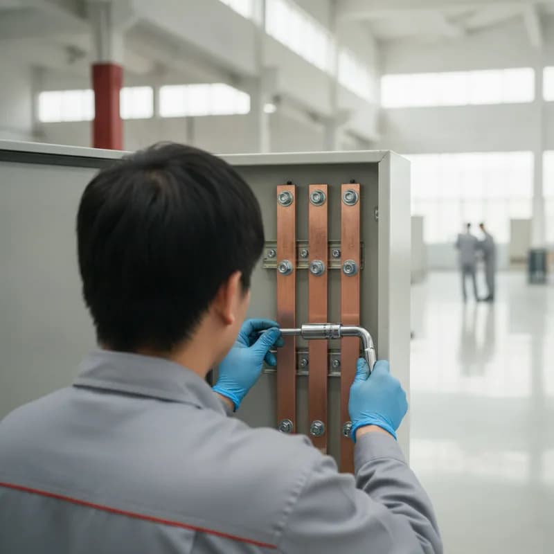 A gloved technician seen from behind at the opened busbar chamber of a distribution panel, holding a torque wrench above a row of bolted copper busbar joints without seating it.