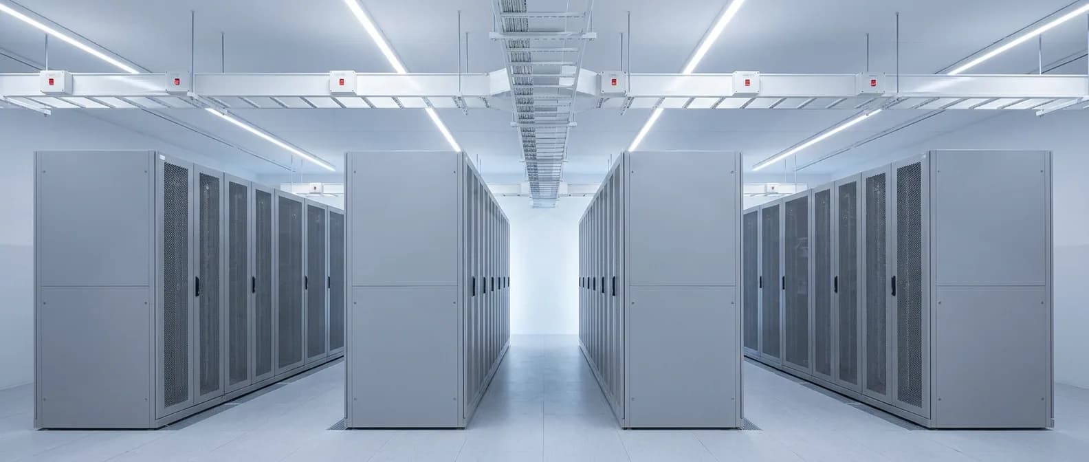 A symmetrical view down an empty cold aisle in a new data hall, two rows of mesh-doored cabinets receding to a bright wall under cable ladder and busway.