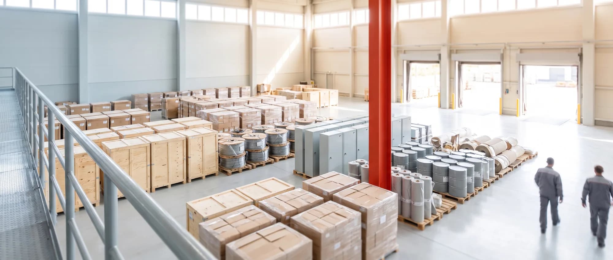 A warehouse floor seen from above, filled with blocks of palletised goods of every kind — crates, cartons, cable coils, drums and cabinets — staged in lanes with a loading dock along the far wall.