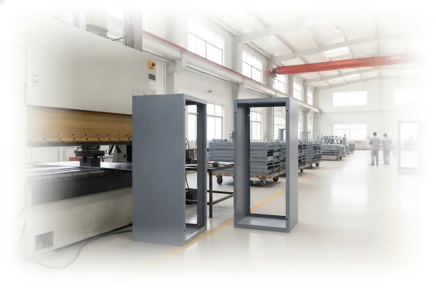 A press brake pressing a long steel rack side panel into a vee die, with a finished rack frame beside it and trolleys of formed panels down the shop.