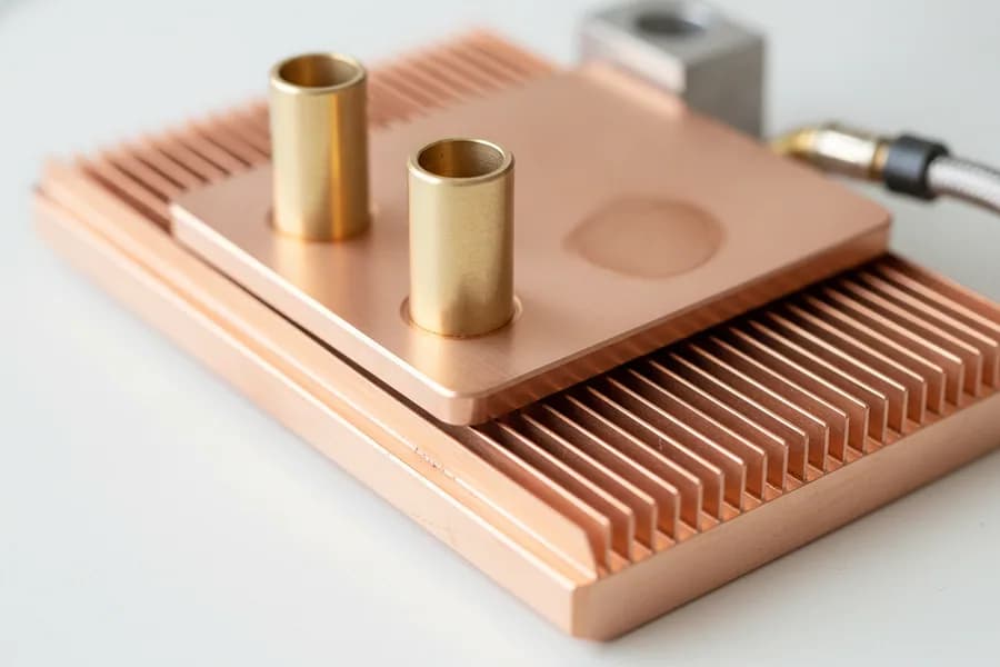 Macro view of a skived copper cold plate showing hundreds of fine parallel fins and two brass ports on the cover plate.