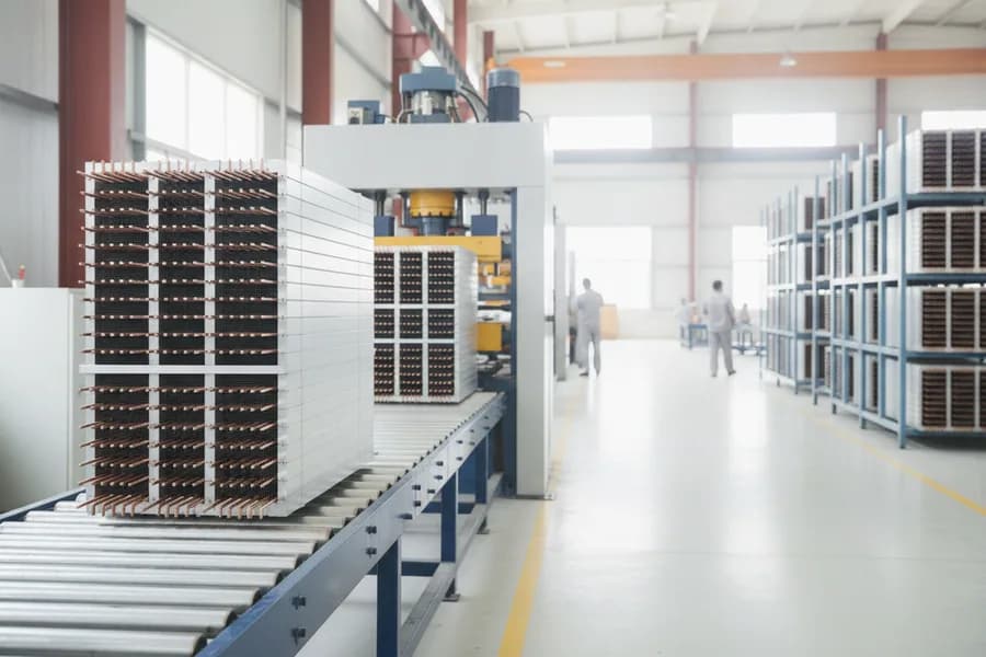 A finned copper coil block on a roller conveyor with its hairpin bends showing, another entering a tube-expansion press, and completed blocks racked down the aisle.