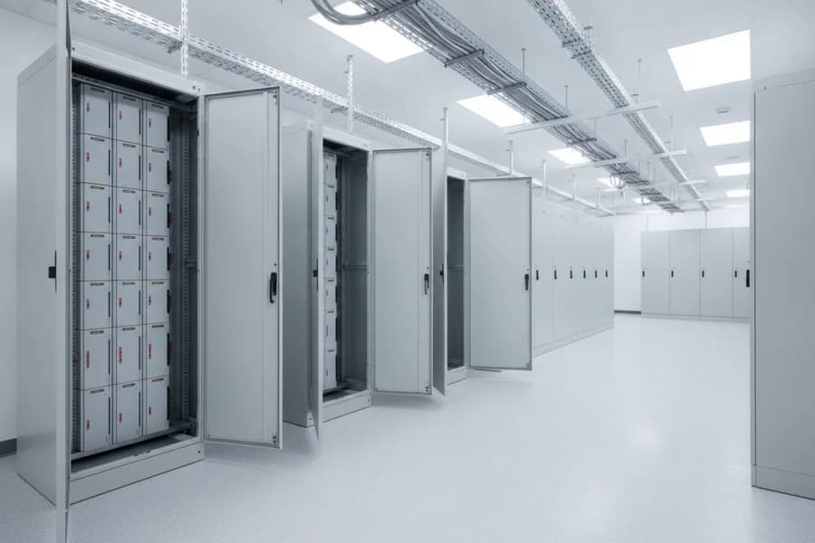 Three modular UPS cabinets with plain doors open showing columns of hot-swap power modules, facing a row of plain grey battery cabinets across a narrow aisle.
