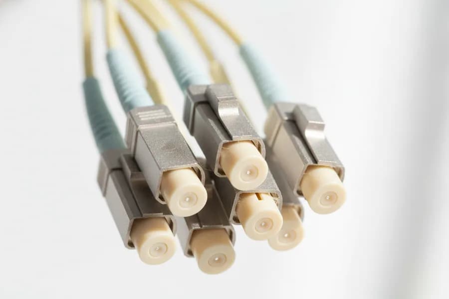 Macro view of a fanned bundle of duplex fibre patch cords with their polished ceramic ferrules facing the camera.
