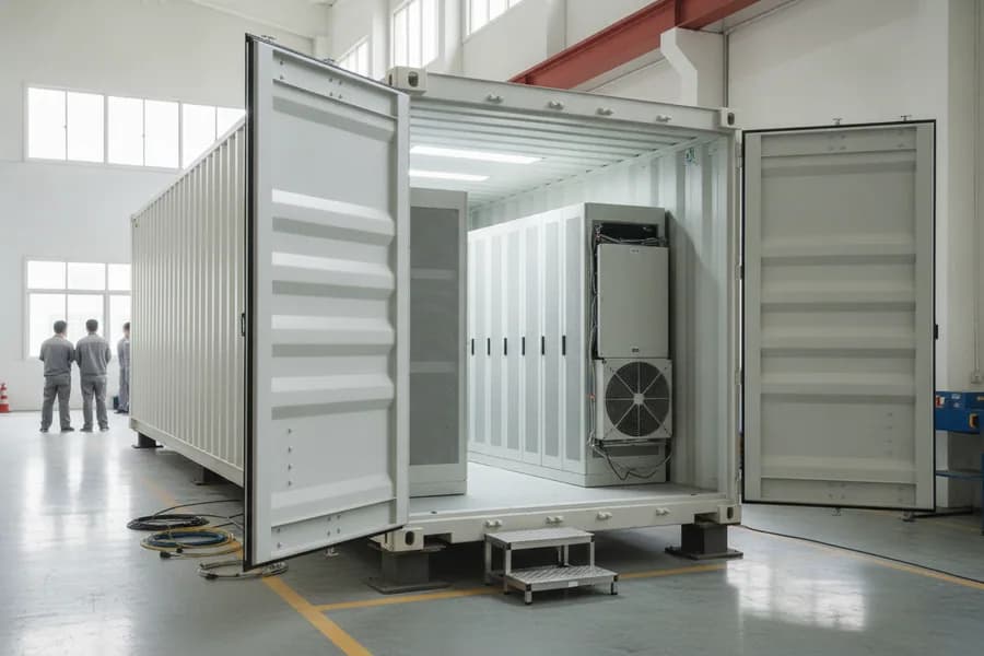 A plain forty-foot containerised data-centre module in an assembly hall with its side door open, showing a brightly lit aisle between two rows of installed cabinets.