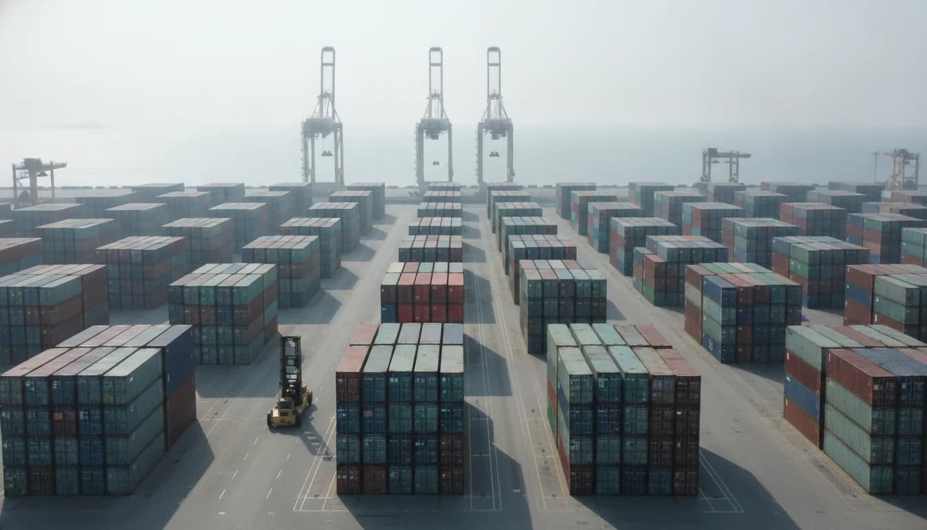 Rows of stacked containers running away into haze at a terminal, with gantry cranes on the far quay and a straddle carrier moving down an empty lane.